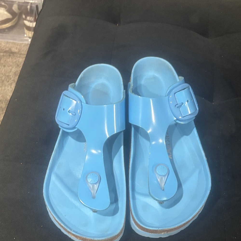 Womens Light Blue T‑Strap Buckle Sandals